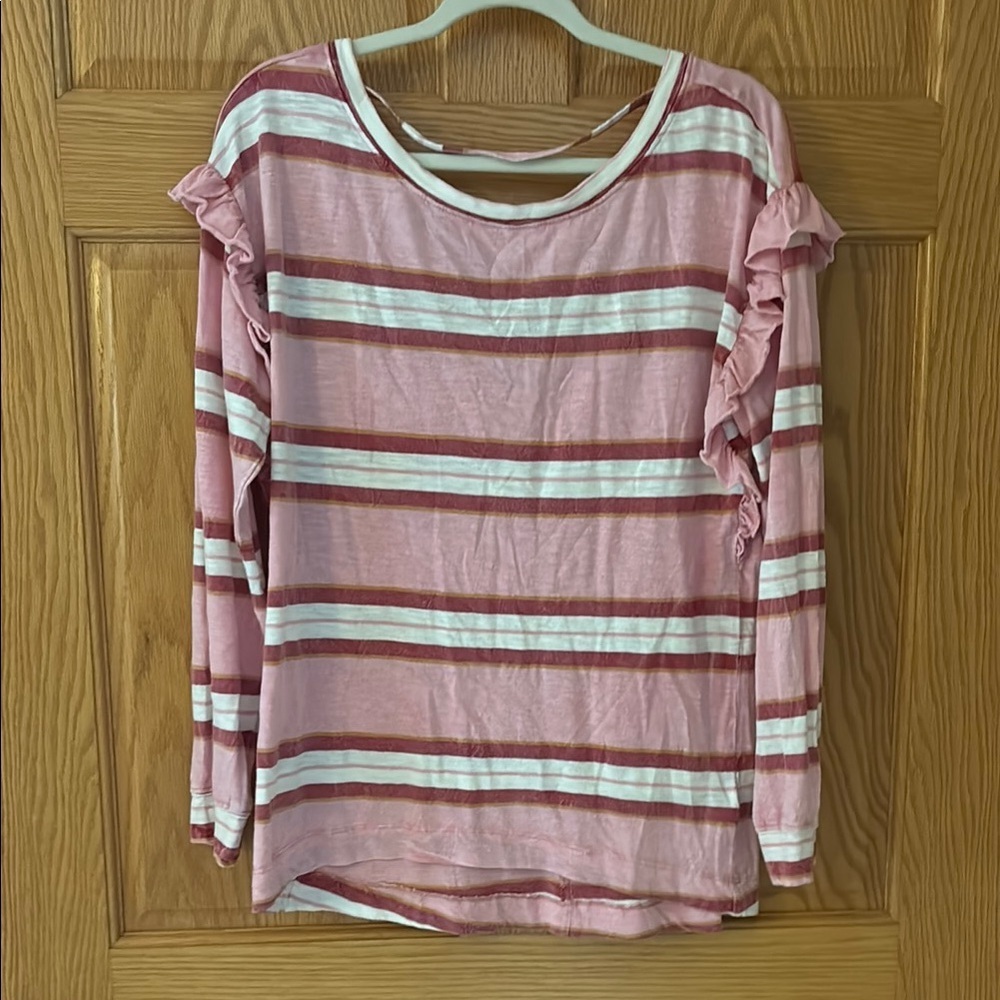 Pilcro and the Letterpress Pink Ruffled Blouse Long Sleeves